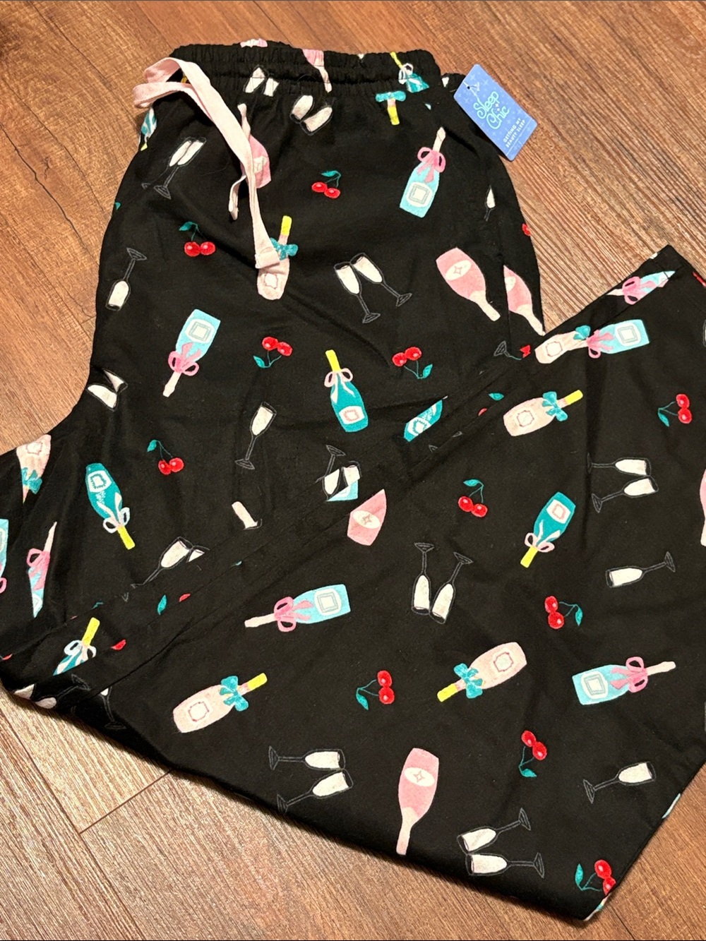 Women’s Black Pajama Pants with Pink & Teal Bottle and Cherry Print